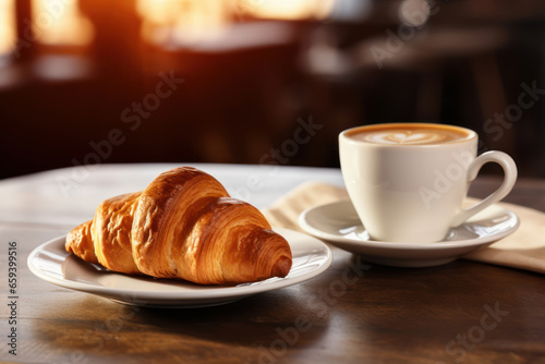 Delicious croissant and cup of coffee on wooden table