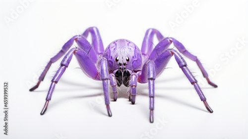 Purple spider isolated on white, macro close up of a blue violet spider with lengthy legs, horror, 