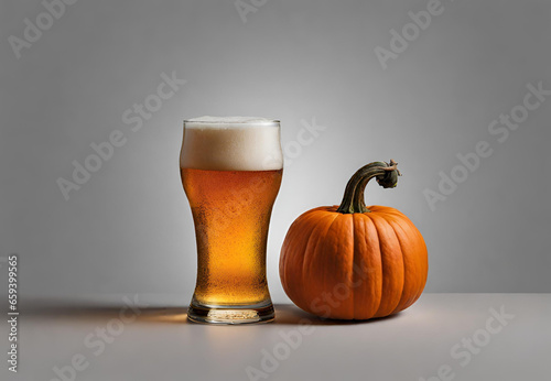 Autumn Beer with Hops and Pumpkin, 
Seasonal Craft Beer Scene, 
Fall Brew with Festive Decor, 
Pumpkin Ale and Hoppy Goodness