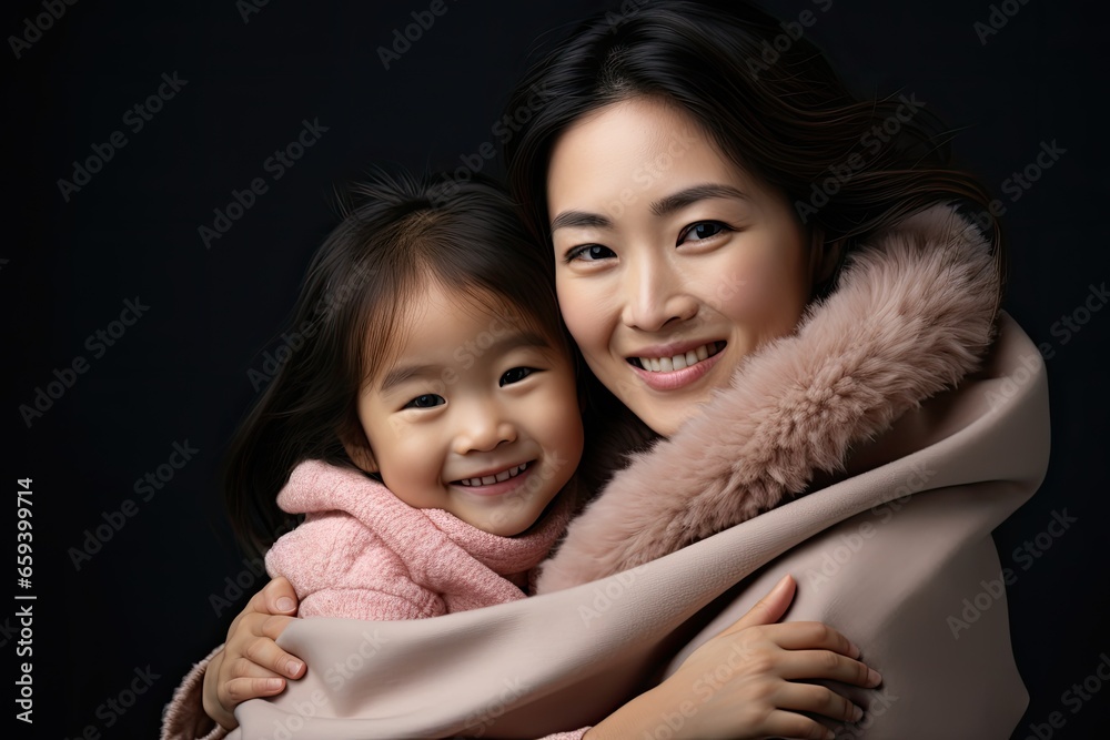 Portrait of happy asian mother and daughter hugging each other, isolated on black background, cheerful asian toddler daughter hugging happy mother isolated on gray, AI Generated Portrait of happy asian mother and daughter hugging each other, isolated on black background, cheerful asian toddler daughter hugging happy mother isolated on gray, AI Generated