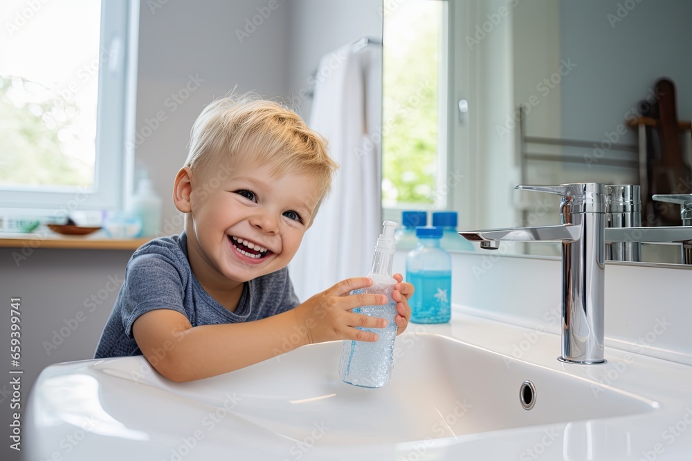 Portrait of smiling little boy holding bottle of water in bathroom at home, Child dad and brushing teeth in a family home bath, AI Generated Portrait of smiling little boy holding bottle of water in bathroom at home, Child dad and brushing teeth in a family home bath, AI Generated