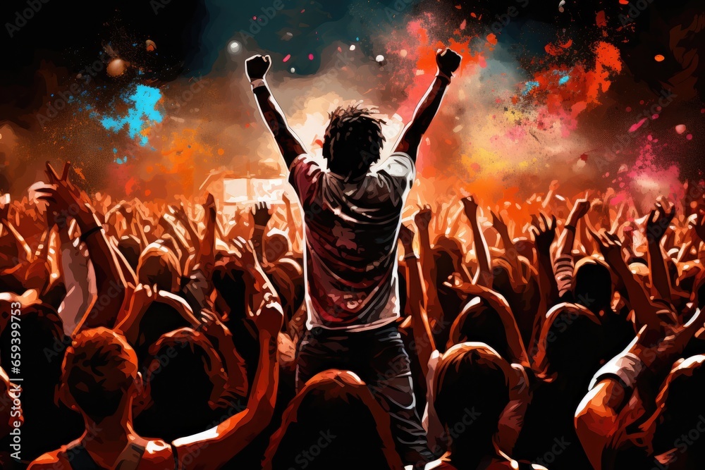 Crowd of people with raised hands at a live music festival, cheering crowd at a rock concert, AI Generated - obrazy, fototapety, plakaty 