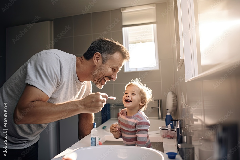 Father and daughter brushing teeth in the bathroom at home. Happy family concept, Child dad and brushing teeth in a family home bath, AI Generated Father and daughter brushing teeth in the bathroom at home. Happy family concept, Child dad and brushing teeth in a family home bath, AI Generated