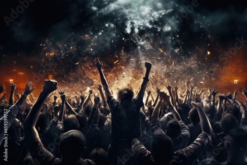 Concert crowd at a rock concert with raised hands and smoke in the background, cheering crowd at a rock concert, AI Generated