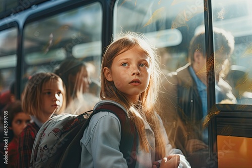 Portrait of schoolgirl looking at camera while standing by bus, Children or schoolchildren on a blurred background of the bus, AI Generated