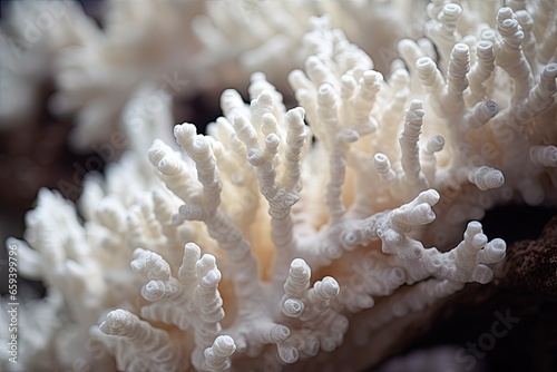 White coral on a piece of wood in the rainforest of Thailand, Close up of a beautiful white coral in shallow depth of field, AI Generated