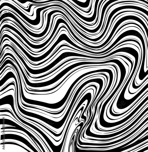 Distorted smooth lines form a texture or abstraction in the form of liquid black and white paint or a river.