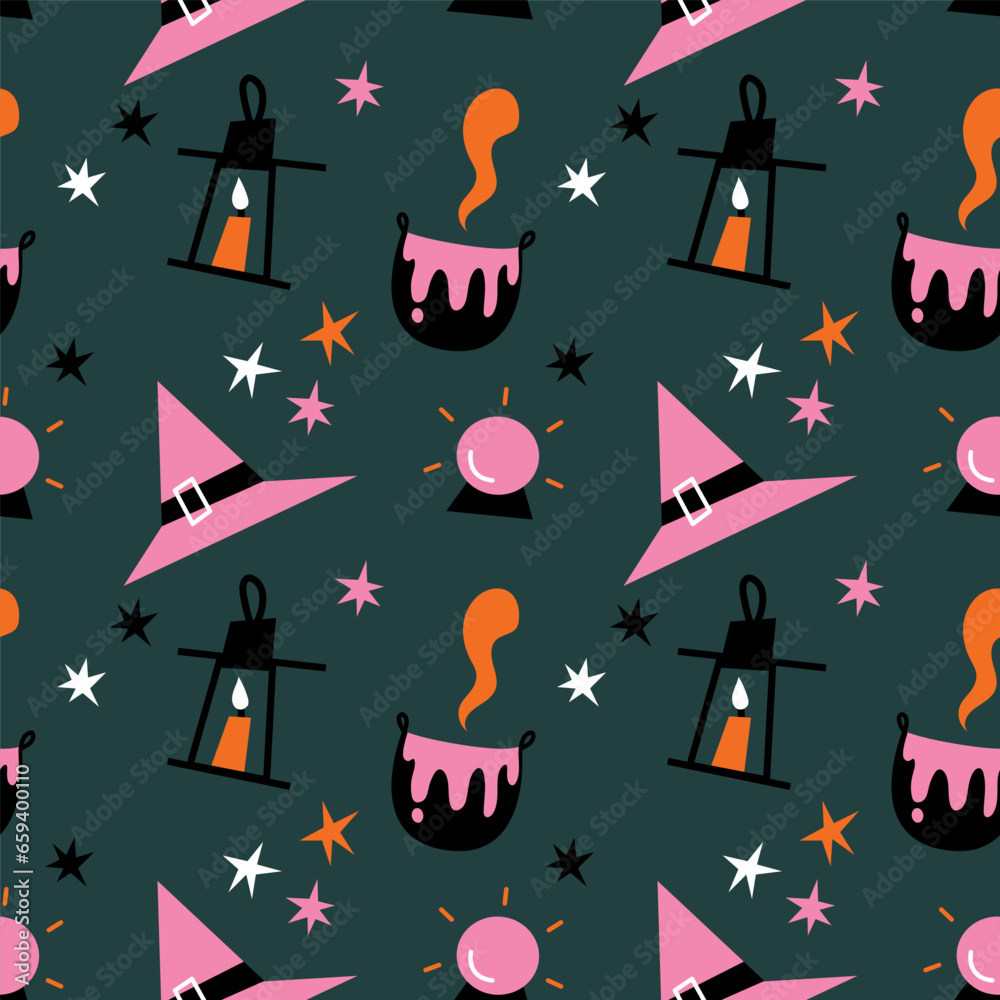 Vector seamless pattern with witch hats, boiling pots, crystal balls and candles on green background. Halloween design for fabric and paper, surface textures. 