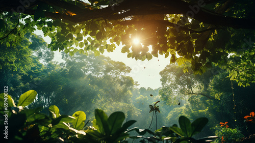 sun shining through a tranquil and peaceful jungle © Moribuz Studio
