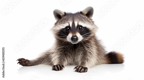 Raccoon sitting on a white background with one paw lifted.