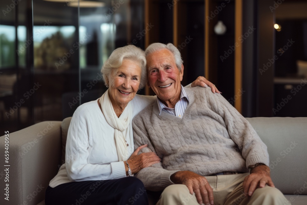 sweet old adult retired couple people stay home sit relax positive conversation on sofa couch in living room home interior background sweet old adult retired couple people stay home sit relax positive conversation on sofa couch in living room home interior background