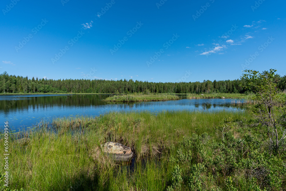 Nature view across a small lake in the Swedish countryside