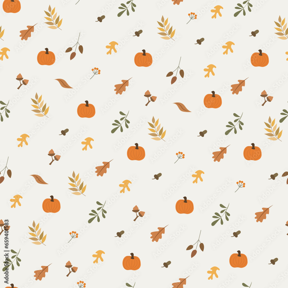 Vector colorful autumn natural seamless pattern with fall leaves, fruits, pumpkins and leafs. Seamless background. November.
