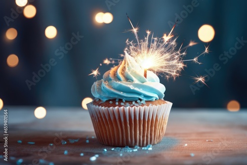 Celebratory cupcake with candles on a blue background