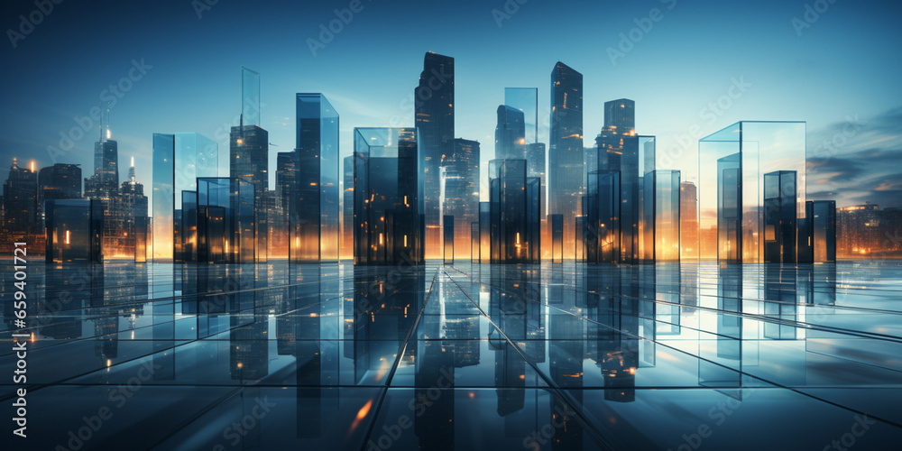 Modern futuristic city, Tall Building, Skyscraper business office, Reflective high-rise buildings on Glass Walkway