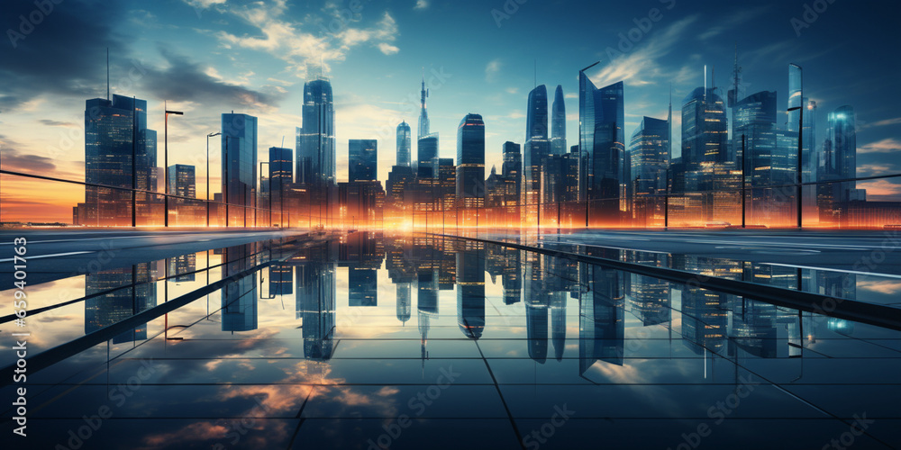 Modern futuristic city, Tall Building, Skyscraper business office, Reflective high-rise buildings on Glass Walkway