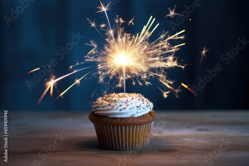 Celebratory cupcake with candles on a blue background