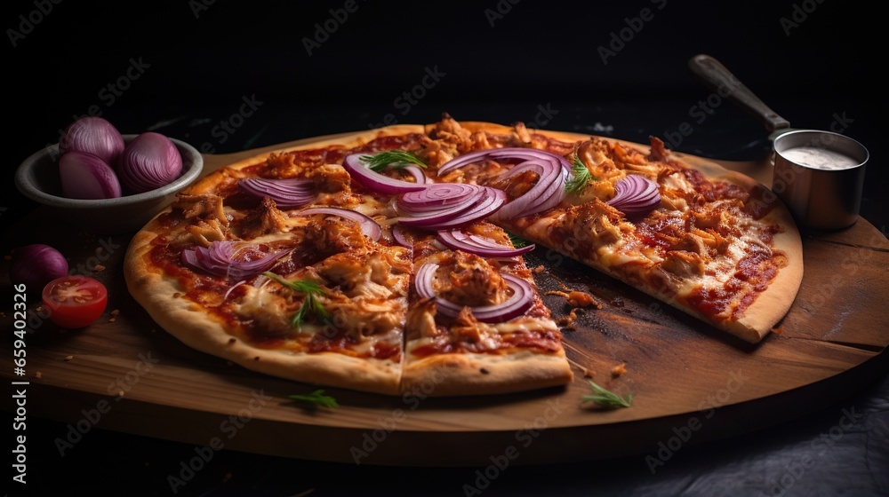  a pizza with onions and meat on a cutting board with a slice missing.  generative ai