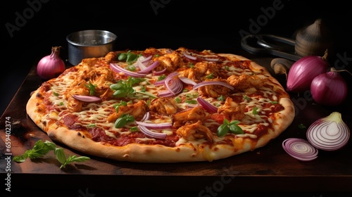  a pizza with onions, meat and sauce on a wooden board. generative ai