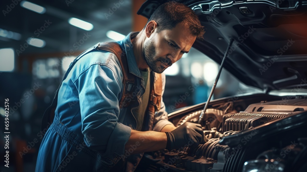 Auto mechanic working in garage. Repair service.