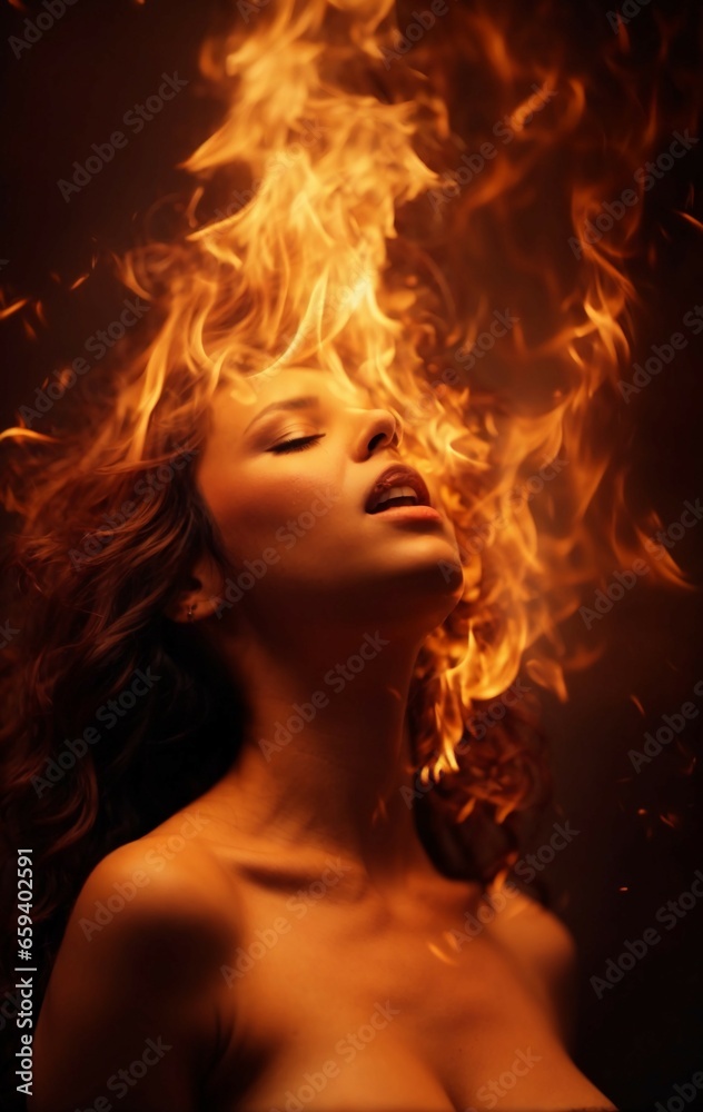 woman in fire with pleasure