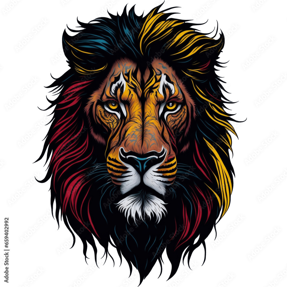 A Lion t-shirt design capturing a moment of hunting prowess, graffiti, vector sticker art, t-shirt design, Generative Ai