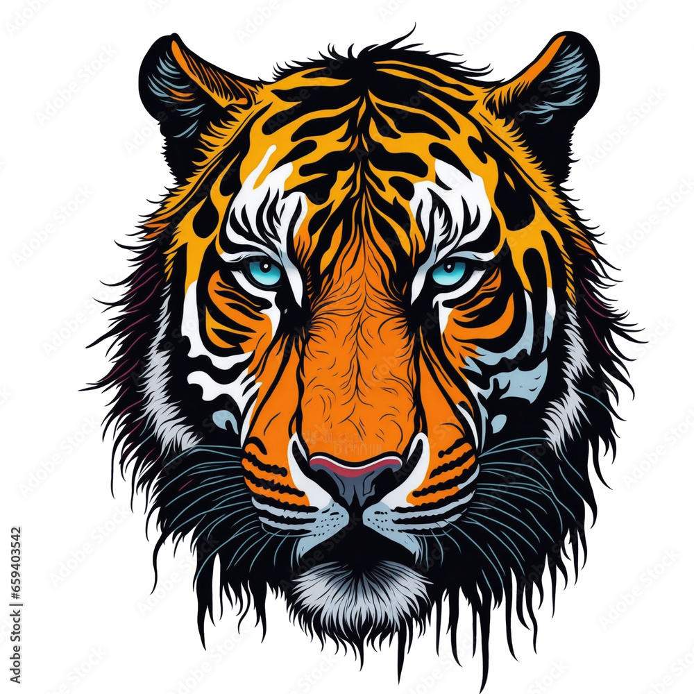 Naklejka premium A Tiger t-shirt design capturing a moment of hunting prowess, graffiti, vector sticker art, t-shirt design, Generative Ai