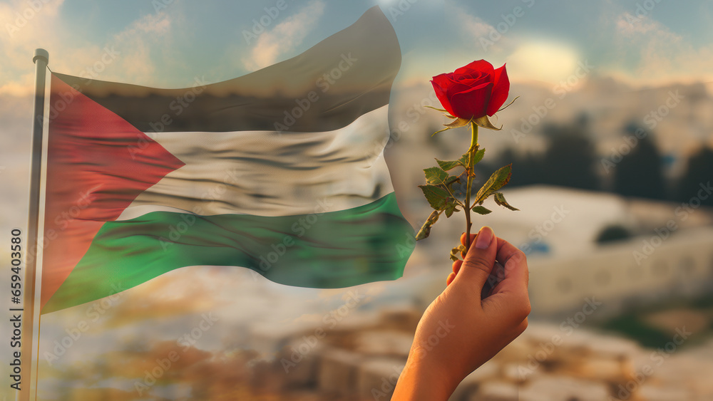 Female hand holding a red rose with the flag of Palestine on the background of the sunset. - obrazy, fototapety, plakaty 