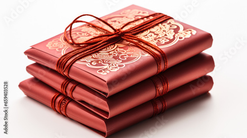 Stacked red hongbao envelopes symbolizing luck and wealth isolated on a white background  photo