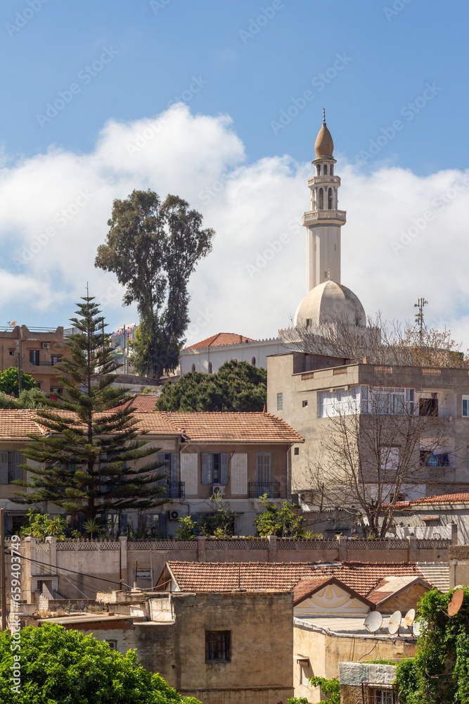 View of the El Nasr Mosque, Scala, Algiers, Alger, Algeria. Residentials building, green trees, blue sky and white clouds.