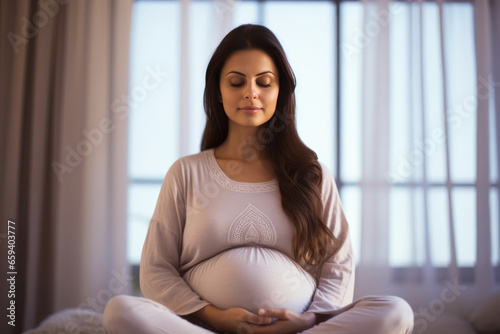 pregnant woman doing meditation or yoga at home