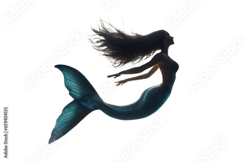 Fantasy queen of the sea. Princess goddess of the ocean. pretty sensual mermaid, siren, sea nymph. Long hair. Long tail, fin. Silhouette. Transparent background. Full view. Long dark hair.  photo