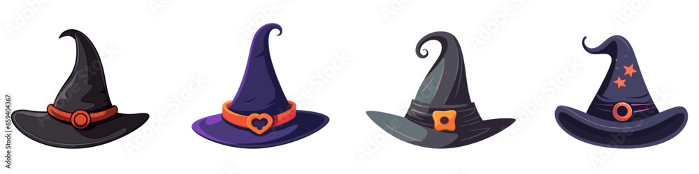 Witch hat icon isolated. Set of Halloween witches hat in flat style. Cartoon witch hat sign. Vector illustration