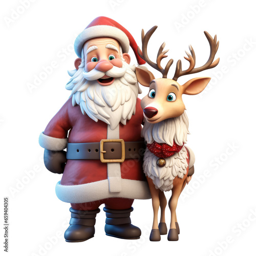 Cute Santa Claus and a reindeer in 3D cartoon style isolated  on transparent background © Atchariya63
