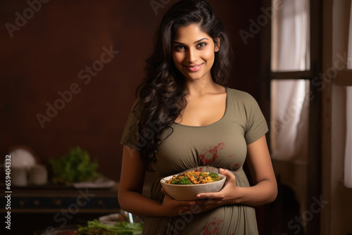 pregnant woman standing at kitchen and cooking healthy food for herself.