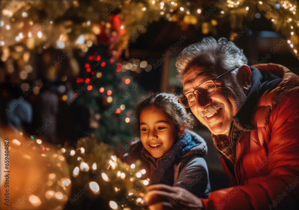 Christmastime, a grandfather and his granddaughter enjoy the Christmas decorations in the street. Generative ai