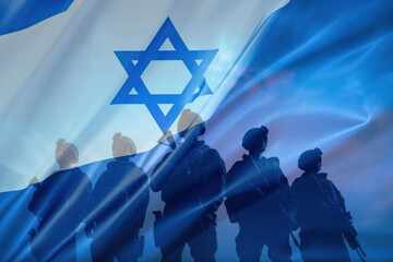 Silhouette of soldiers on Israel flag background.