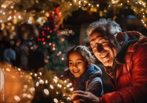 Christmastime, a grandfather and his granddaughter enjoy the Christmas decorations in the street. Generative ai