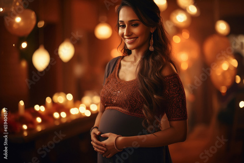 Indian pregnant woman giving happy expression at home.