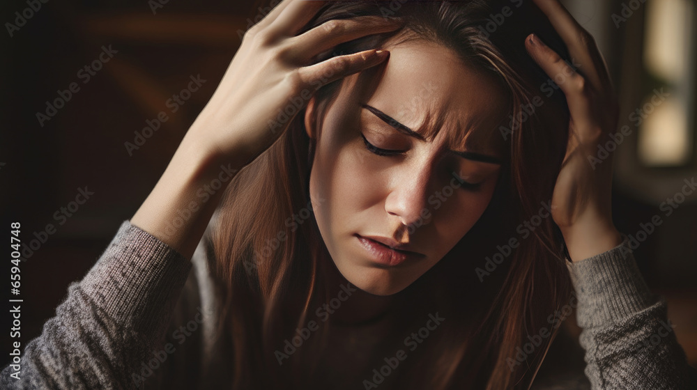 A young woman with headache hand rubbing temples. Generative Ai A young woman with headache hand rubbing temples. Generative Ai