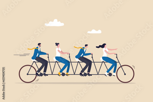 Teamwork working together for success, togetherness or cooperation, collaboration or support other to win together concept, business people employees on tandem bicycle forward metaphor of teamwork.