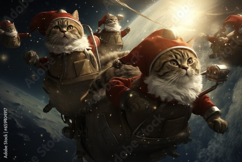 cat dressed as Santa Claus, cat in a New Year's hat, Christmas cat flies across the sky