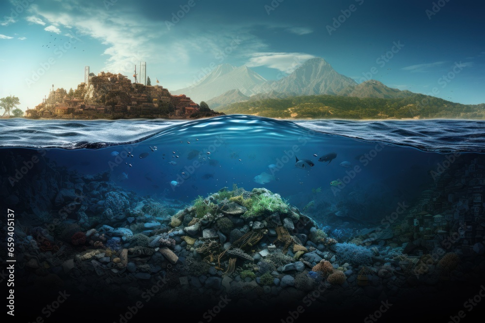 environmental problem, ocean pollution, garbage in the sea, dirty underwater world, plastic