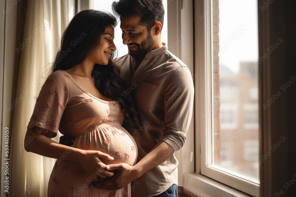 Pregnant woman spending time with her husband at home - obrazy, fototapety, plakaty 