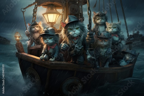 pirate cats are sailing on a ship in the sea