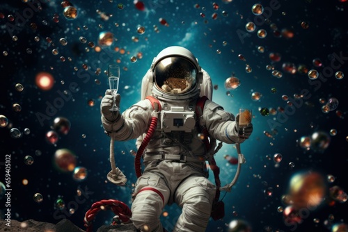 an astronaut celebrates the New Year in space, a Christmas tree in zero gravity, holiday decorations and a Christmas tree in space