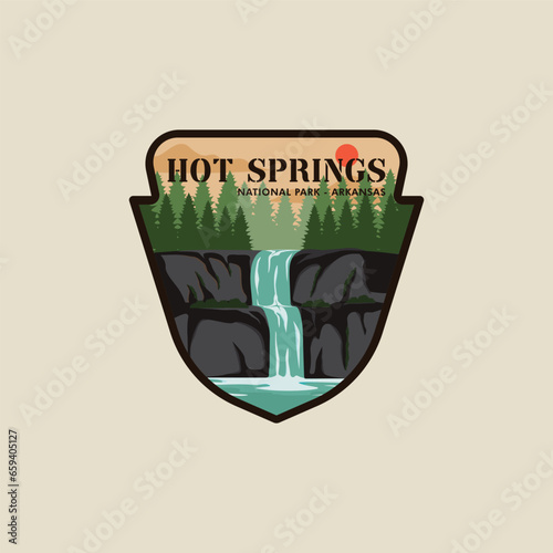 arkansas hot springs emblem vector illustration template graphic design. waterfall banner and sign badge label for decoration or business vacation travel