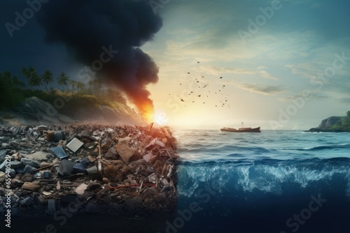 environmental problem, ocean pollution, garbage in the sea, dirty underwater world, plastic photo