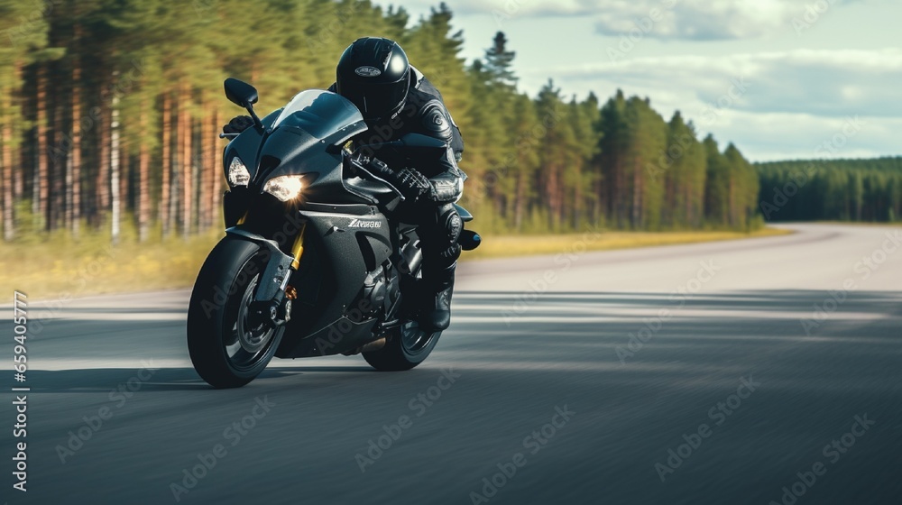 A motorcyclist on a sport bike rides down an empty asphalt road. A sport bike. A motorcyclist on a sport bike rides down an empty asphalt road. A sport bike.