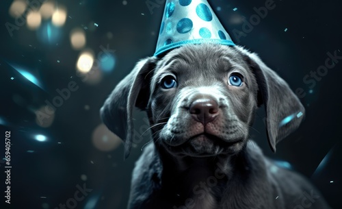 Happy cute dog in party hat celebrating birthday surrounded